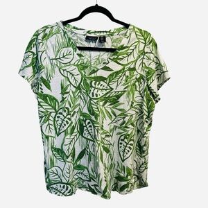 Tahari 100% cotton tropical leaf print V neck top spring summer natural material